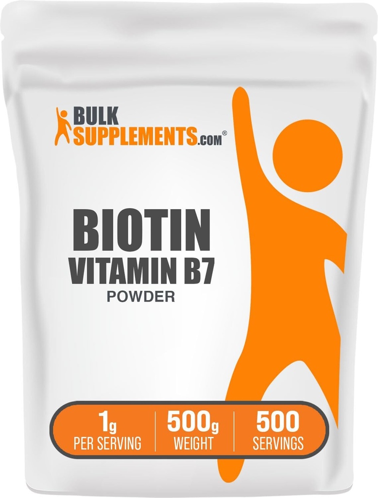 BulkSupplements.com Biotin 10000mcg 분말 - 비타민 B7, 헤어, 피부, 손톱을위한 비타민 - 글루텐 무료, 서빙 당 1g (10mg Biotin), 500g (1.1 파운드) (팩 1)