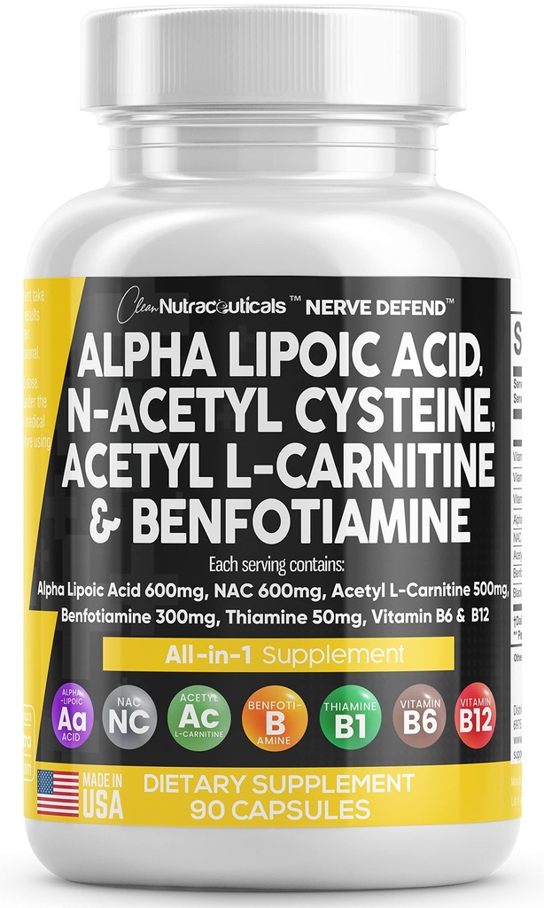 알파 Lipoic 산 600mg N 아세틸 Cysteine 600mg 아세틸 L 카르니틴 500mg Benfotiamine 300mg - 비타민 B1 B6 & B12를 가진 여자와 남자를 위한 Nerve 지원 보충교재 - 미국 90 모자에서 만드는
