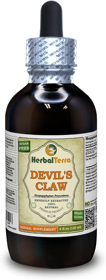 Devil's Claw (Harpagophytum Procumbens) Tincture, 유기 건조 루트 액체 추출 (브랜드 이름: HerbalTerra, Proudly Made in USA) 4 fl.oz (120 ml)