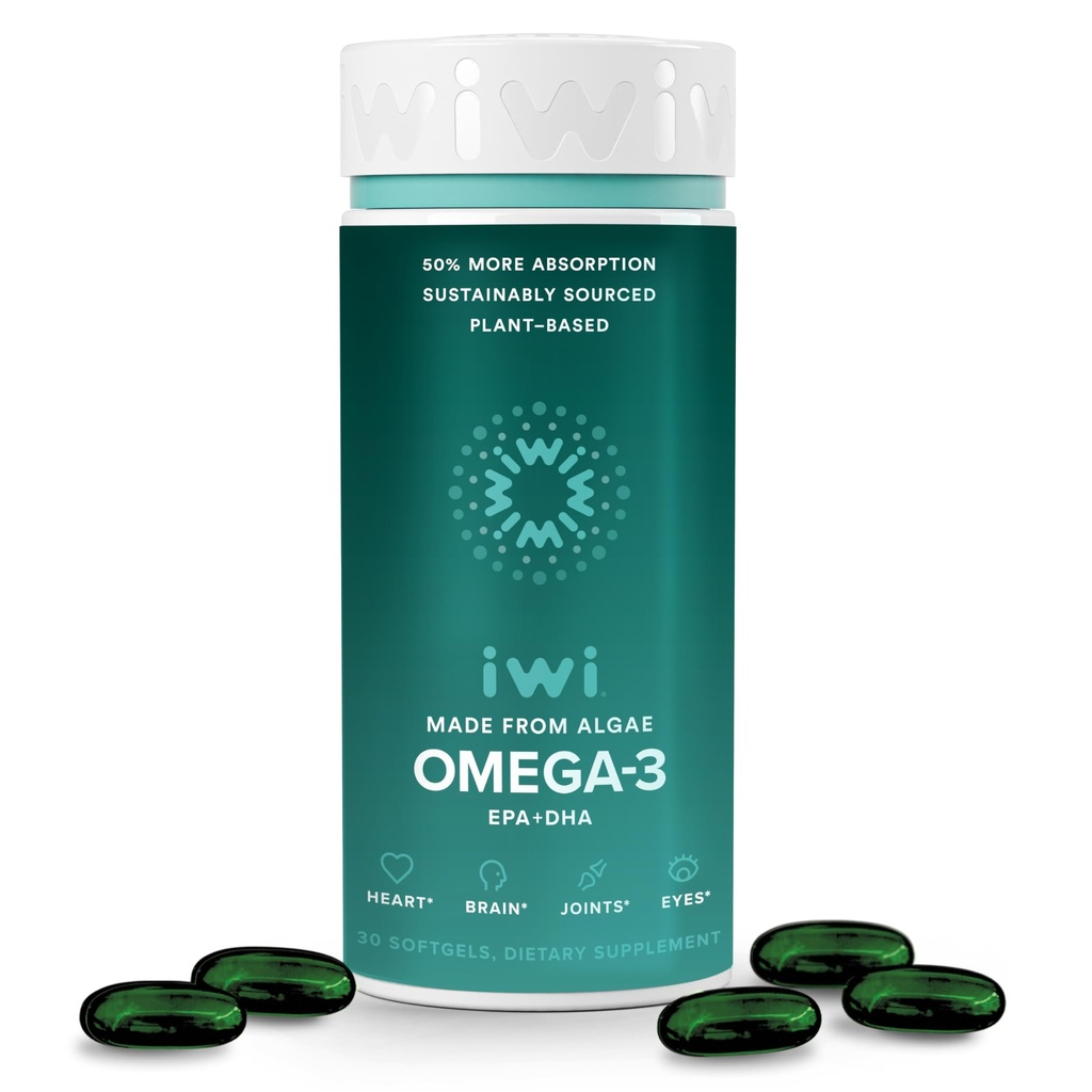 Iwi Omega-3, 30 Softgels (30 서빙), Vegan 식물 기반 조류 오메가 3 EPA + DHA, 전체 바디 지원 Dietary 보충교재, Krill & 물고기 기름 대안, No Fishy Aftertaste