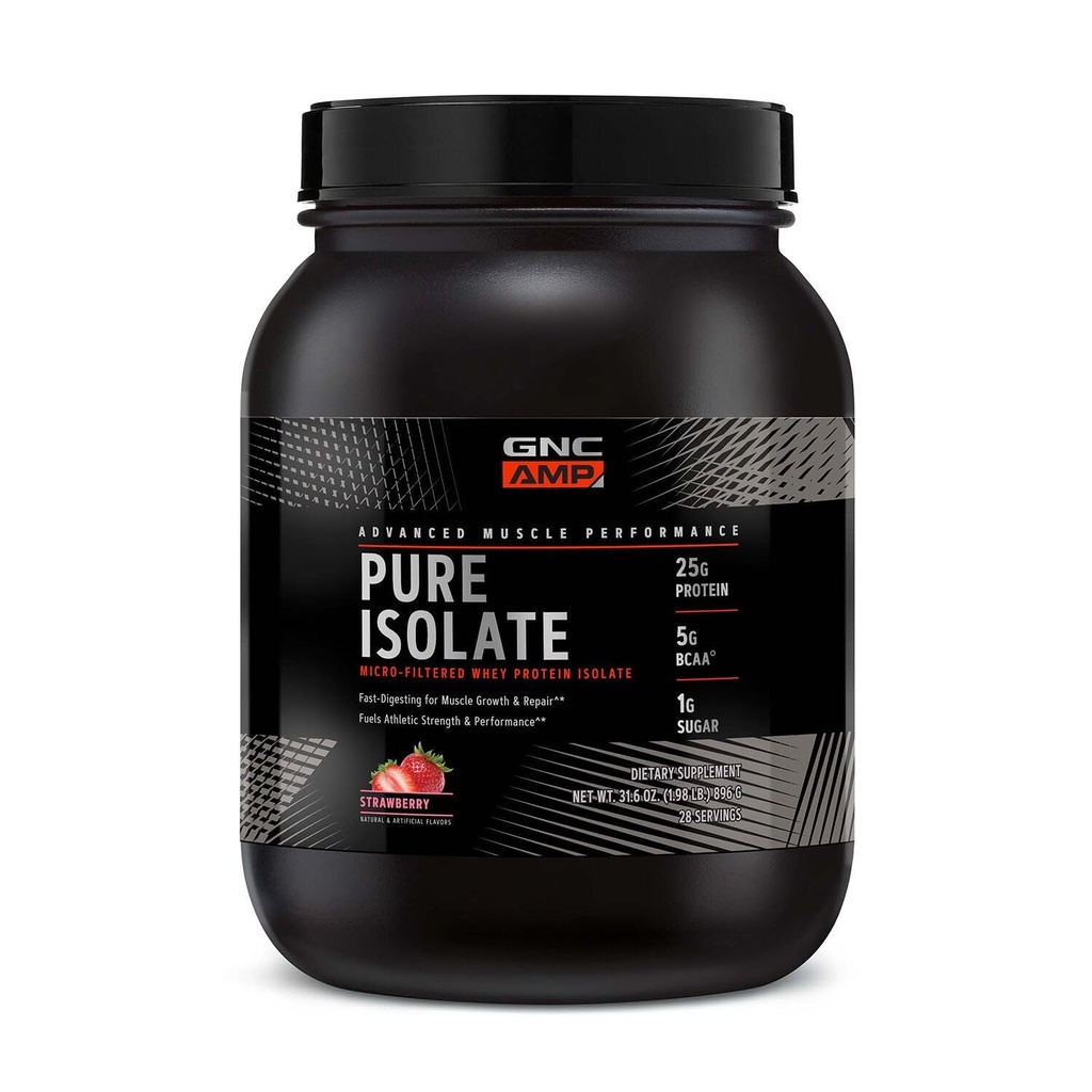 GNC AMP 순수한 고립된 Whey 단백질 분말, 근육 성장, 회복, 성과, 25g 단백질, 5g BCAA, 1g 설탕, 130 칼로리 또는 더 적은, 3rd 당 시험해, 글루텐 자유로운, 딸기, 28 SVG