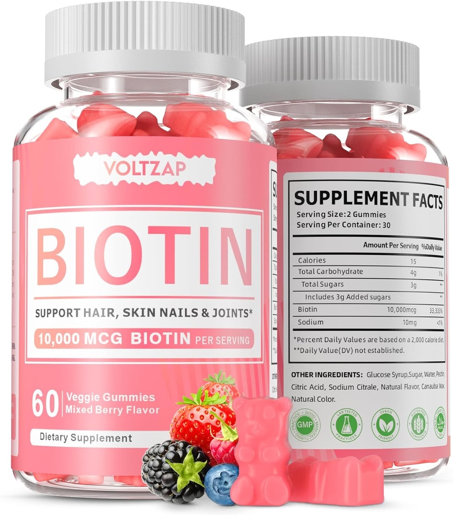 Biotin 보충교재, 60 Vegan Gummies, 건강한 피부를 위한 산화 방지제 지원, 여성과 남자를 위한 머리 및 못, 비 GMO