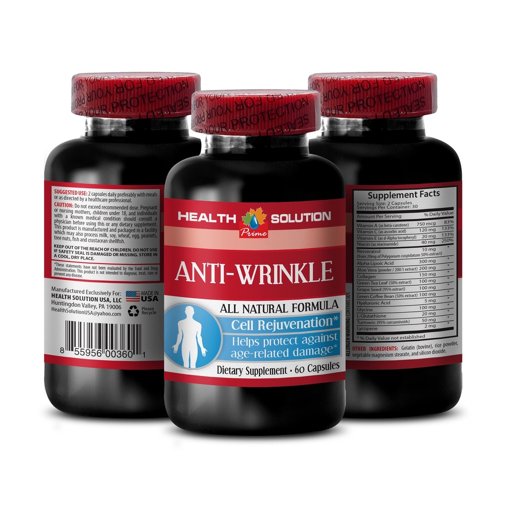 비타민 E 교원질 - ANTI-WRINKLE COMPLEX - 피부 무기물, 노화 방지 자연적인 공식, 얼굴을 위한 반대로 주름 캡슐, 혈청 반대로 주름, 알파 lipoic 산, 여성을 위한 반대로 주름 알약, 1B 60 모자