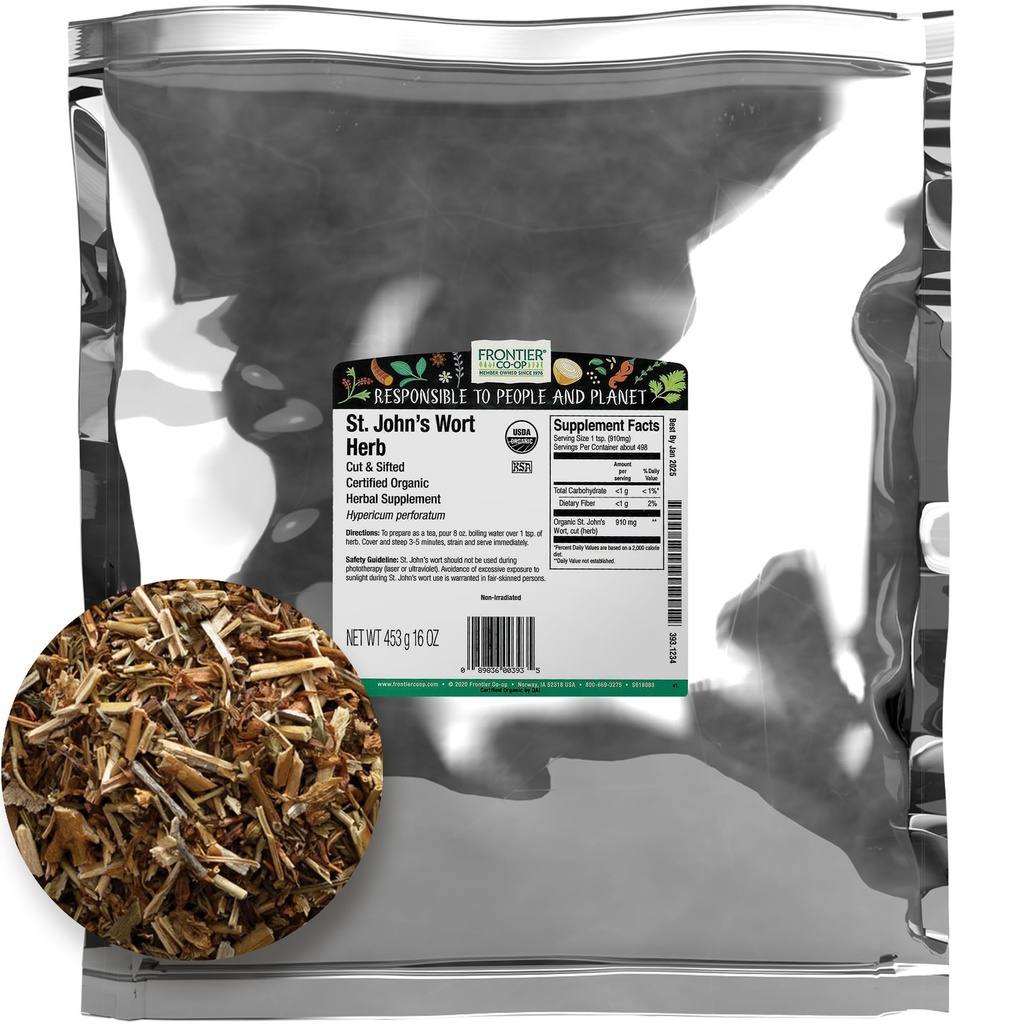 Frontier Co-Op Organic Cut과 Sifted Saint John 's Wort Herb 1lb - St Johns Wort Organic Tea 또는 Diy Capsules, Oil, Tincture, Supplement에 대한 건조 허브