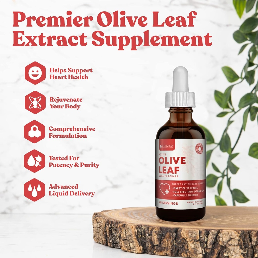 Rejuvica Active Olive Leaf Extract | Naturally Occurring Oleuropein Liquid Drops for Immune & Heart Support | 빠른 흡수, 채식주의자, 알코올 무료 | 6 fl oz