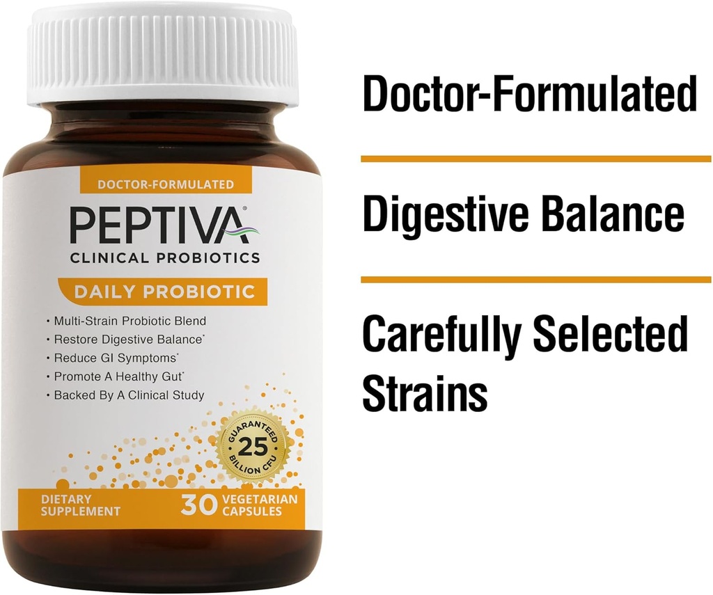 Peptiva 매일 Probiotic, 25 억 CFU, 멀티 스트레인 Probiotics, Lactobacillus Acidophilus, Bifidobacterium, 소화 지원 보충 - 30 개