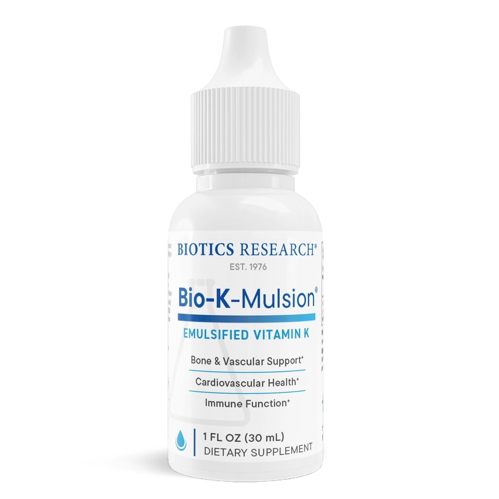Biotics Research Bio K Mulsion Liquid Vitamin K Drops - 500 mcg / S - 성인을위한 비타민 K1 phytonadione - VIT K 보충 - 강한 뼈, 심장 건강, 혈액 구울 지원, 1 fl oz