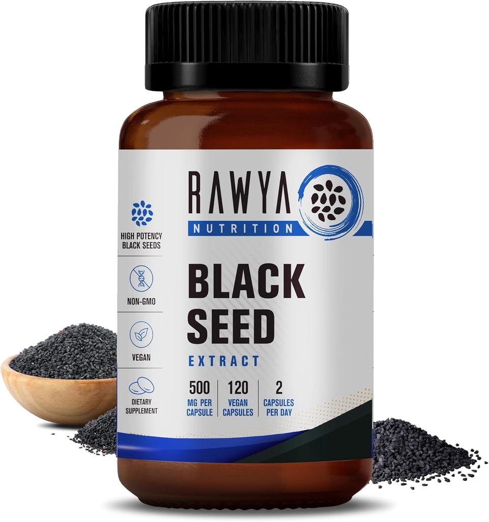 RAWYA 영양 검정씨 추출물, Nigella Sativa, 까만 Cumin씨 분말, 각 500 mg, 승진시킵니다 Wellness, 융통성, 및 Radiant 피부, Halal, Vegan, 순수한 & 자연적인 보충교재 - 120 Vegan 캡슐