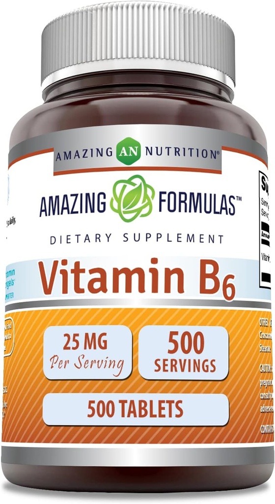 놀라운 수식 비타민 B6 (Pyridoxine) 25 Mg 보충 | 정제 | 비 GMO | 글루텐 프리 | 미국제 (1 팩 | 500 개)