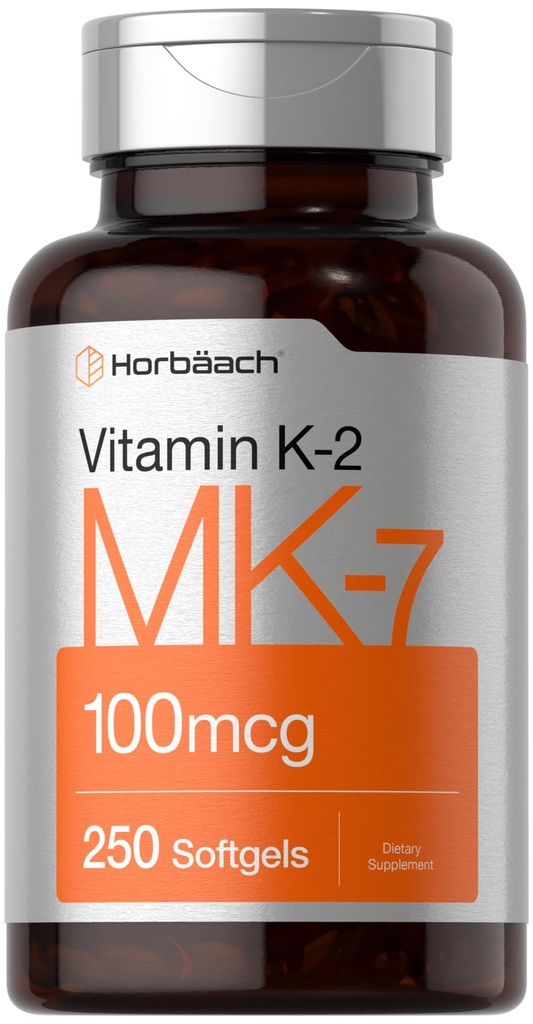 Horbäach 비타민 K2 MK7 100mcg | 250 Softgels | 비 GMO, 글루텐 무료 보충