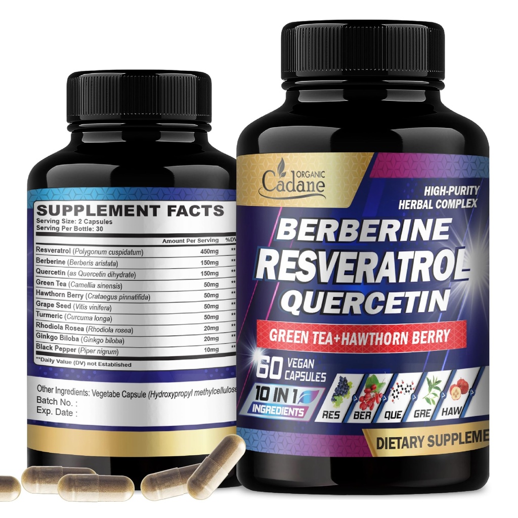 Cadane Resveratrol 보충 - 10in1 Plus with Quercetin, Berberine, 녹차, 포도 씨앗, Hawthorn Berry, Turmeric, Rhodiola Rosea, Ginkgo Biloba 및 Black Pepper - 60 캡슐