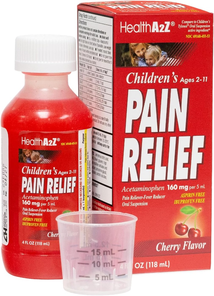 건강A2Z® 어린이 통증 완화 | 아세타미노펜 160mg (5mL) | 나이 2-11 | 체리 맛 | 통증 리알레르기 - Fever Reducer - 구두 현탁액 | 아스피린과 이부프로펜 무료 | 4FL Oz (118 mL)