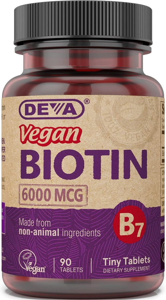 DEVA Vegan Biotin 보충 6000 mcg – 쉽게 얕은 비타민 B7, 작은 정제, 90 조사