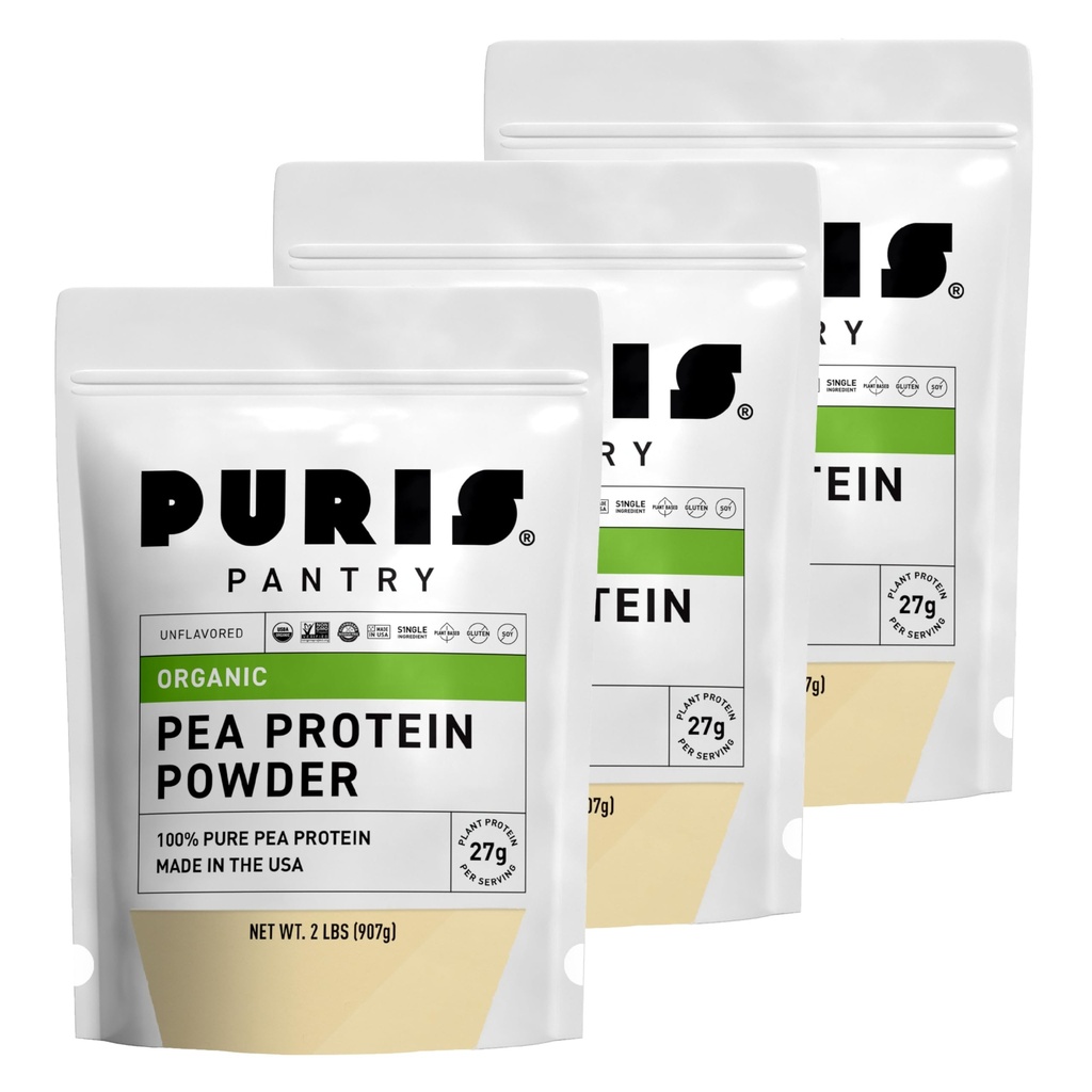 PURIS Organic Pea Protein Powder – USDA Organic Vegan Protein | 27g Plant Protein Per 서빙 | Non-GMO Gluten-Free Soy-Free | Clean Label | 부드러운 맛 | 2 lb (3 팩)