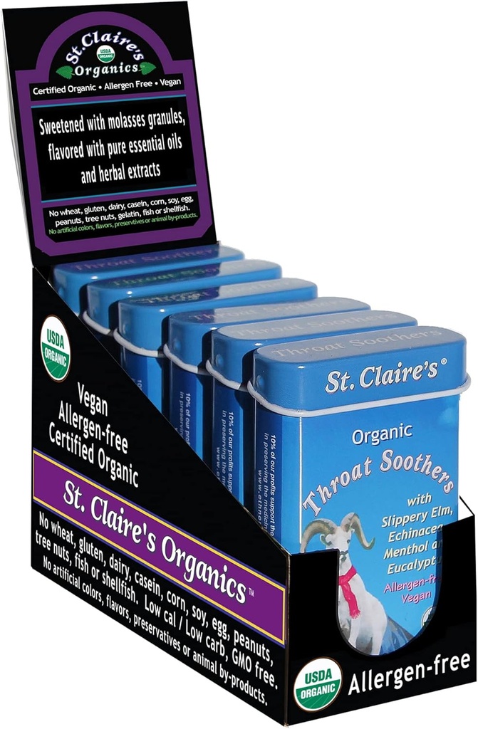 St. Claire's Organics Throat Soothers, (1.5 Ounce Tin, 6 팩) | 글루텐 프리, 비건, GMO-Free, 플랜트 기반, 알레르기 무료 | 알레르기 무료 시설