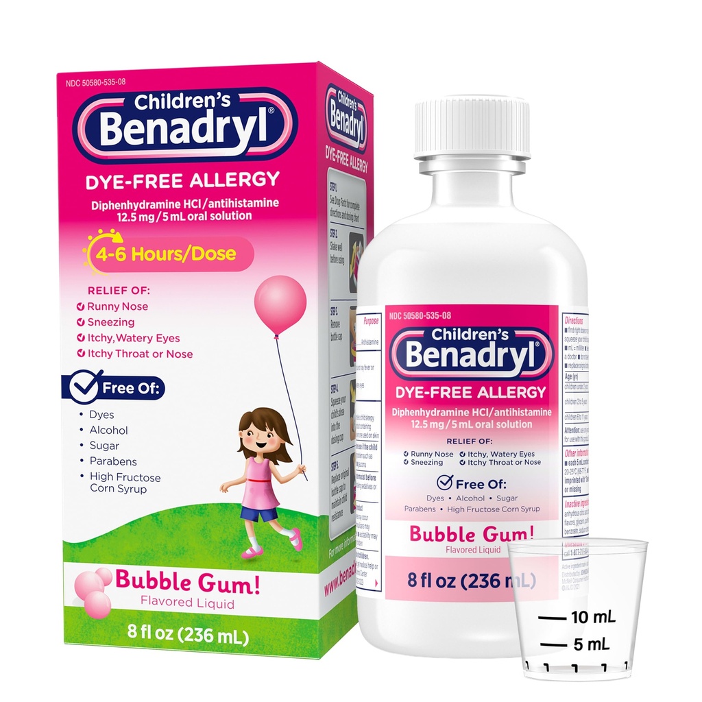 Benadryl 아이들의 염료 자유로운 알레르기 기복 액체, 아이를 위한 알레르기 약, 12.5 mg Diphenhydramine HCl 항히스타민, Relieves Runny Nose & Sneezing, Paraben 자유로운, 거품 껌 풍미, 8개 fl.