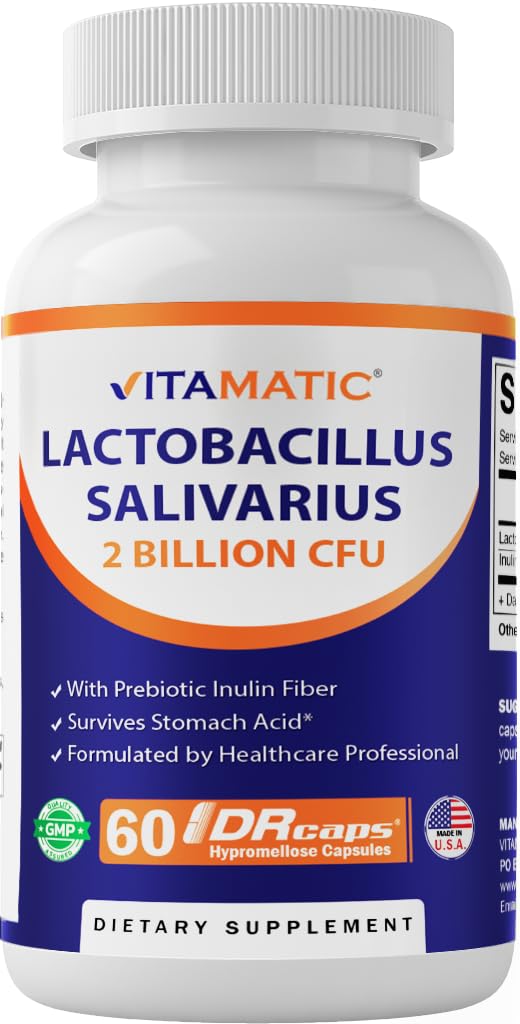 Vitamatic Lactobacillus Salivarius 2 Billion 당 DR 캡슐 - 60 조사 - 소화 지원 - Prebiotic Inulin 섬유 (1 병)로 만드는