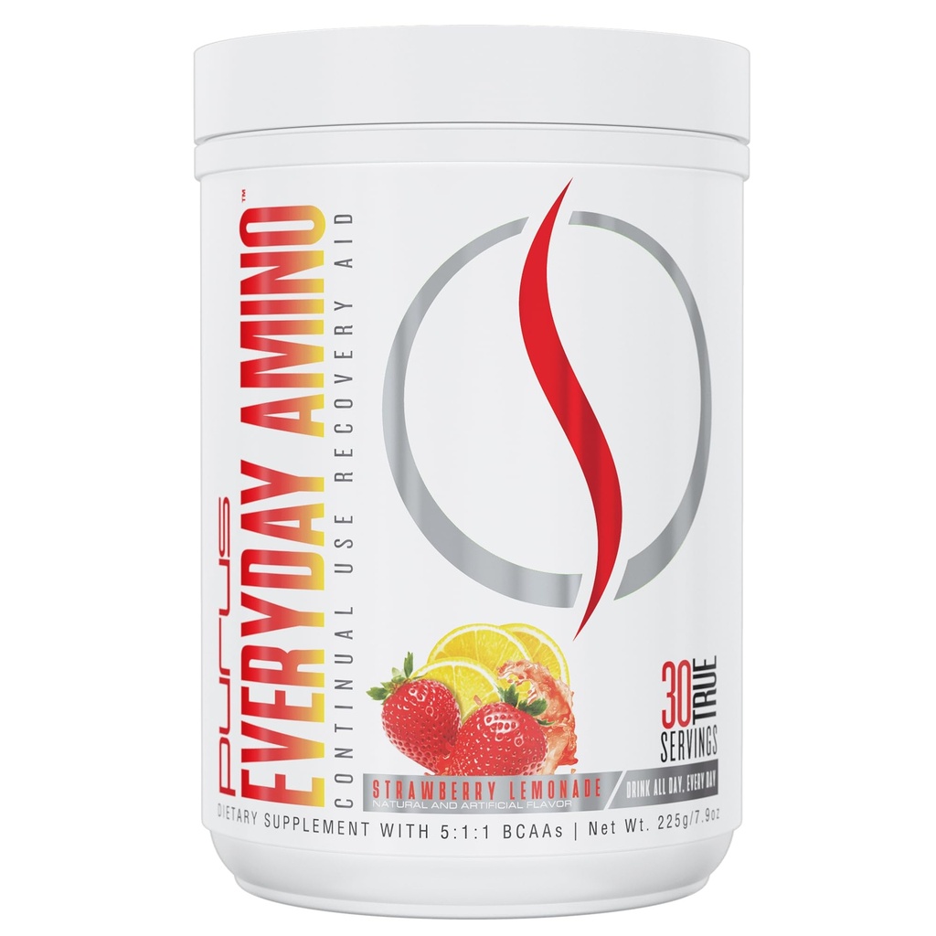 Purus Labs Everyday Amino BCAA Powder | 근육 히스 & 회복을위한 아미노산 | 설탕 무료 및 글루텐 무료 | 30 인분 (딸기 레몬)