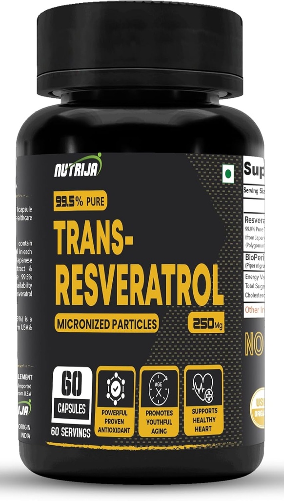 Trans Resveratrol 250MG 캡슐 - 99.5% 순수한 Micronized 및 높게 생물 사용 가능한 보충교재 | 느린 노후화, 입증된 강력한 반대로 산화 | 개량 Metabolism & 심장 건강 (120의 캡슐)