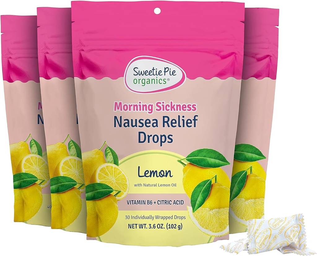 Sweetie Pie Organics 임신 Nausea Relief Drops, Soothe First Trimester Morning Sickness, 레몬 맛, 30 카운트, 4 팩