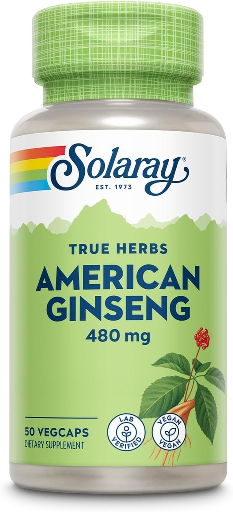 SOLARAY American Ginseng 480 mg | Adaptogenic Herb | 건강한 스트레스, 에너지 및 물리적 내구시간 지원 | 50 VegCaps
