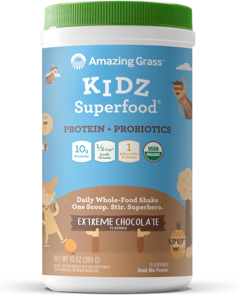놀라운 잔디 Kidz Superfood : 베트 뿌리 분말과 어린이를위한 Vegan Protein & Probiotics & 잎 녹색의 1/2 컵, Extreme Chocolate, 15 서빙