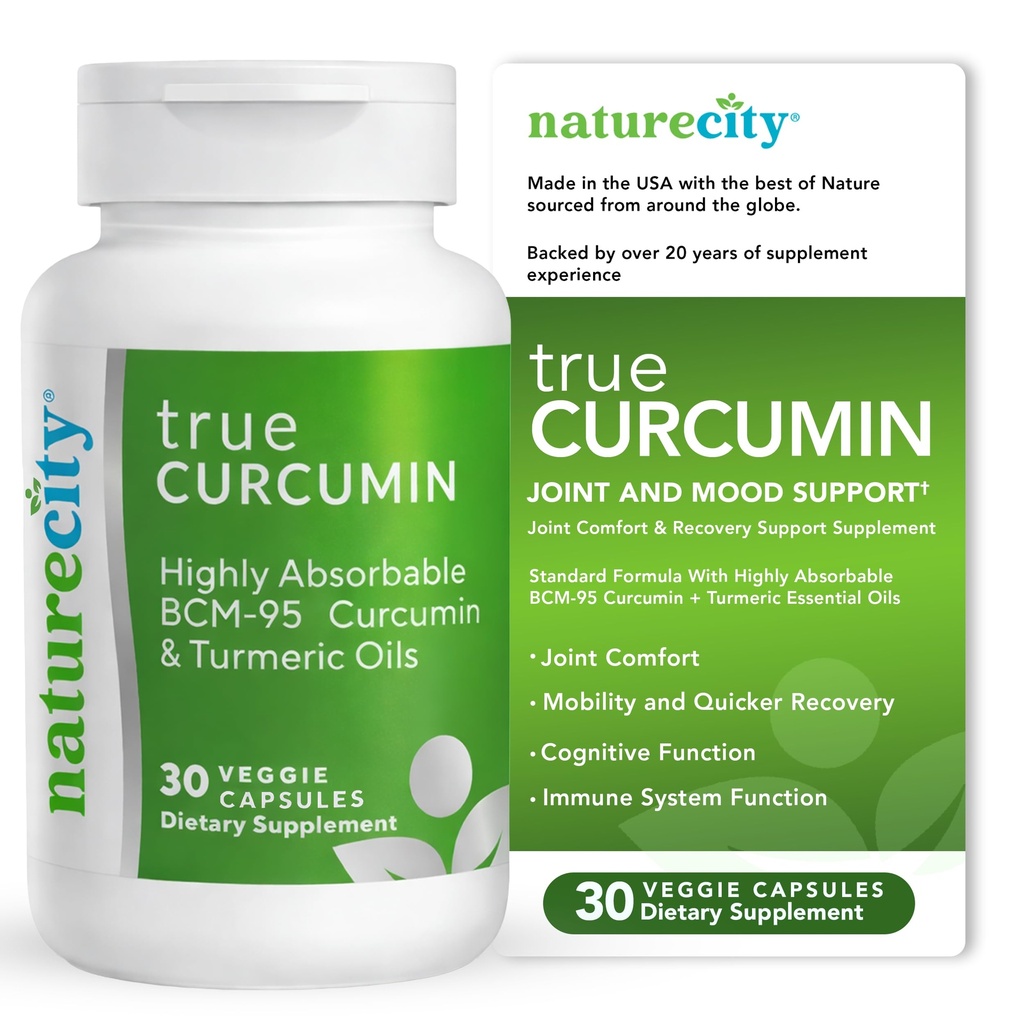 NatureCity True-Curcumin 심황 보충 | Non-GMO Tumeric and Curcumin 500mg Curcuma 캡슐 비타민 보조제 | 최대 700% 흡수 증가 (30 일 공급) | 지원 관절