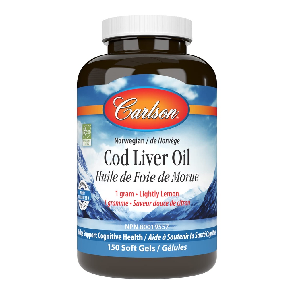 Carlson - Cod Liver Oil Gems, 460 mg Omega-3s + Vitamins A & D3, Wild-Caught Norwegian Arctic Cod-Liver Oil, Sustainably Sourced Nordic Fish Oil Capsules, 레몬, 150 소프트 젤