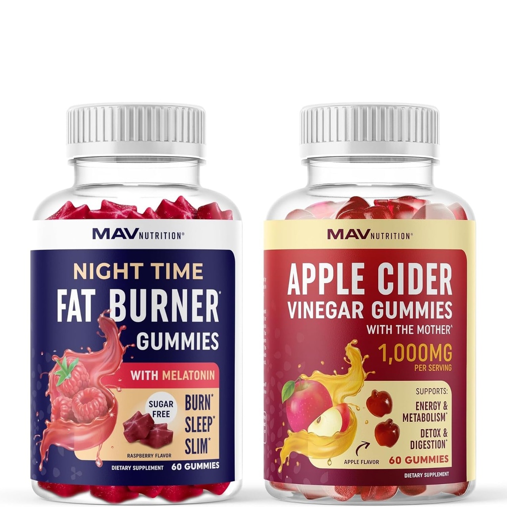 MAV NUTRITION Night Time Fat Burner Gummies와 Apple Cider Vinegar Gummies | 야간, Metabolism Boost & Weight Management Gummy 번들 | 30 매각