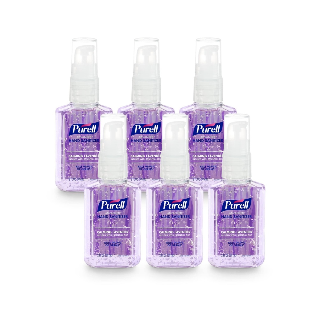 Purell Advanced Hand Sanitizer Gel 에센셜 오일과 주입, Calming Lavender, 2 fl oz Travel-Size Pump Bottle (Pack of 6), 3905-04-EC