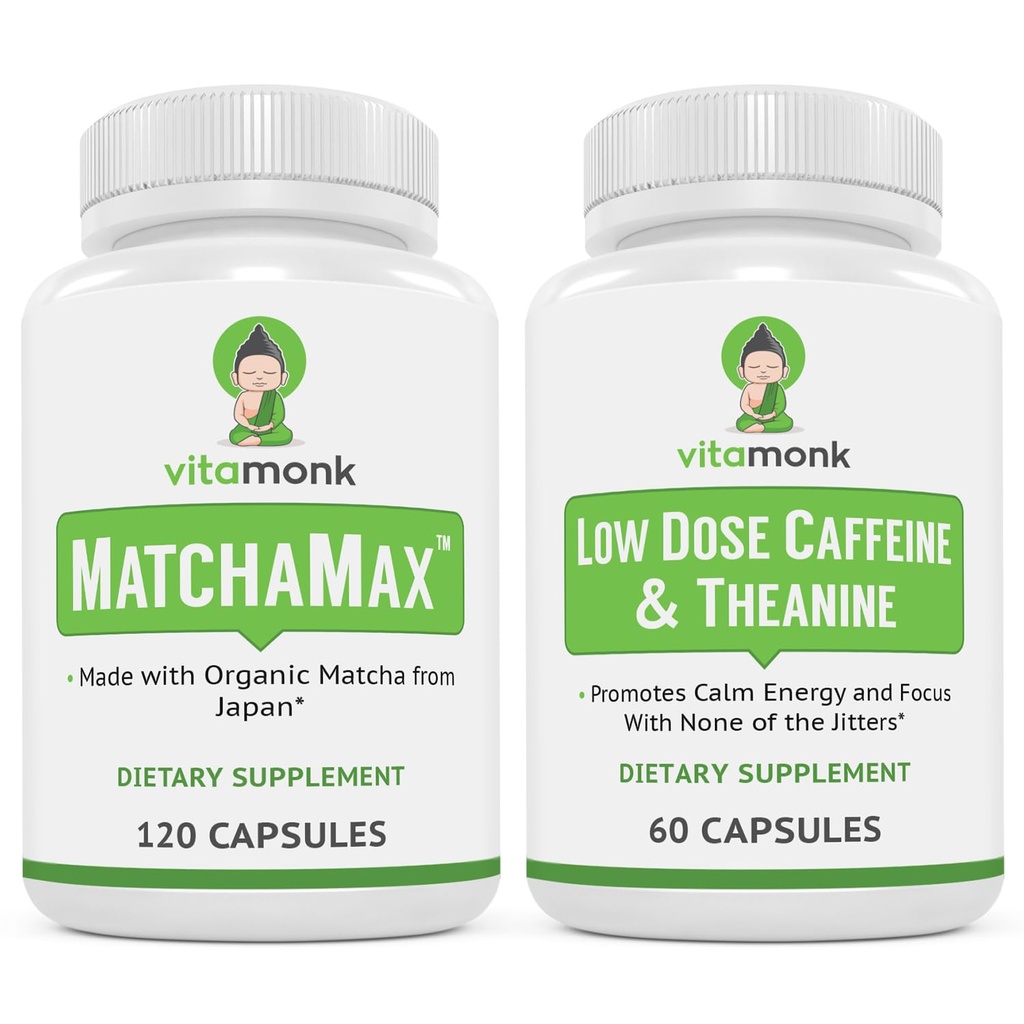 VitaMonk 에너지 & 초점 뭉치: MatchaMax 유기 일본 Matcha 캡슐 낮은 복용량 카페인 및 Theanine