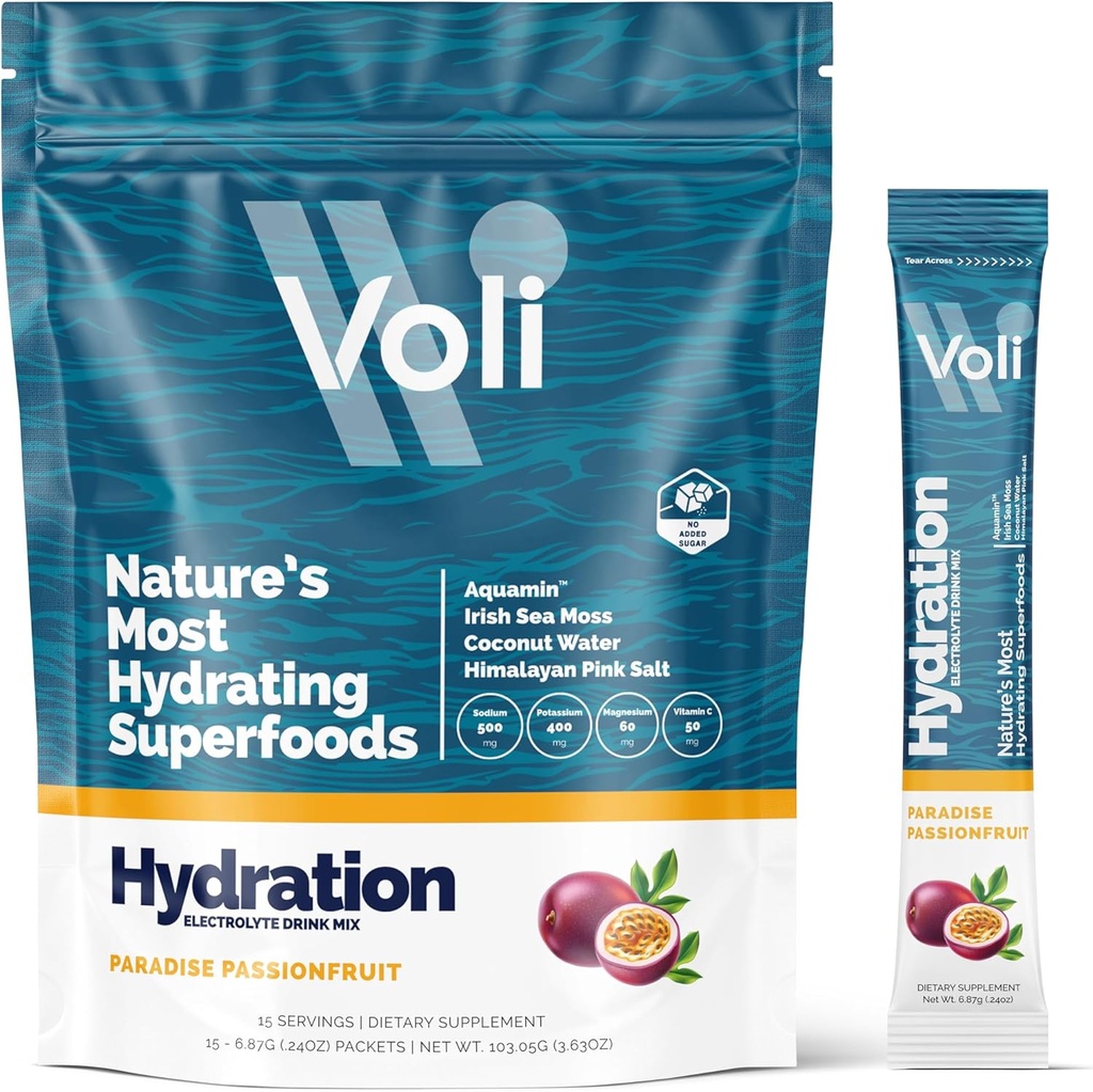 Voli Electrolytes Powder Packets | 습식 설탕 전해질 음료 믹스 포함 | Keto & Fasting Friendly, Natural Superfood & Minerals | Passionfruit, 15-Count