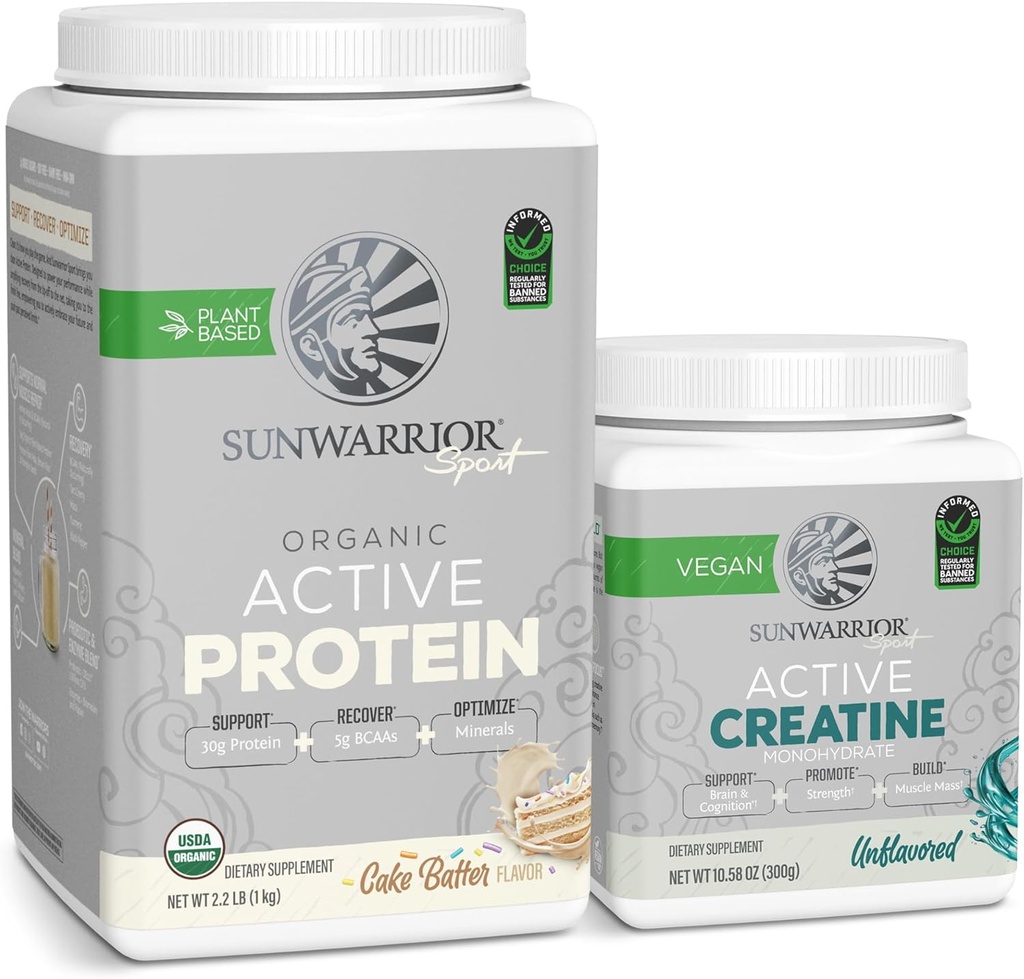 Sunwarrior Vegan Protein Powder USDA Organic | 20 인분 케이크 배터 맛 & 크레아틴 Monohydrate Powder | 60 인분 불임