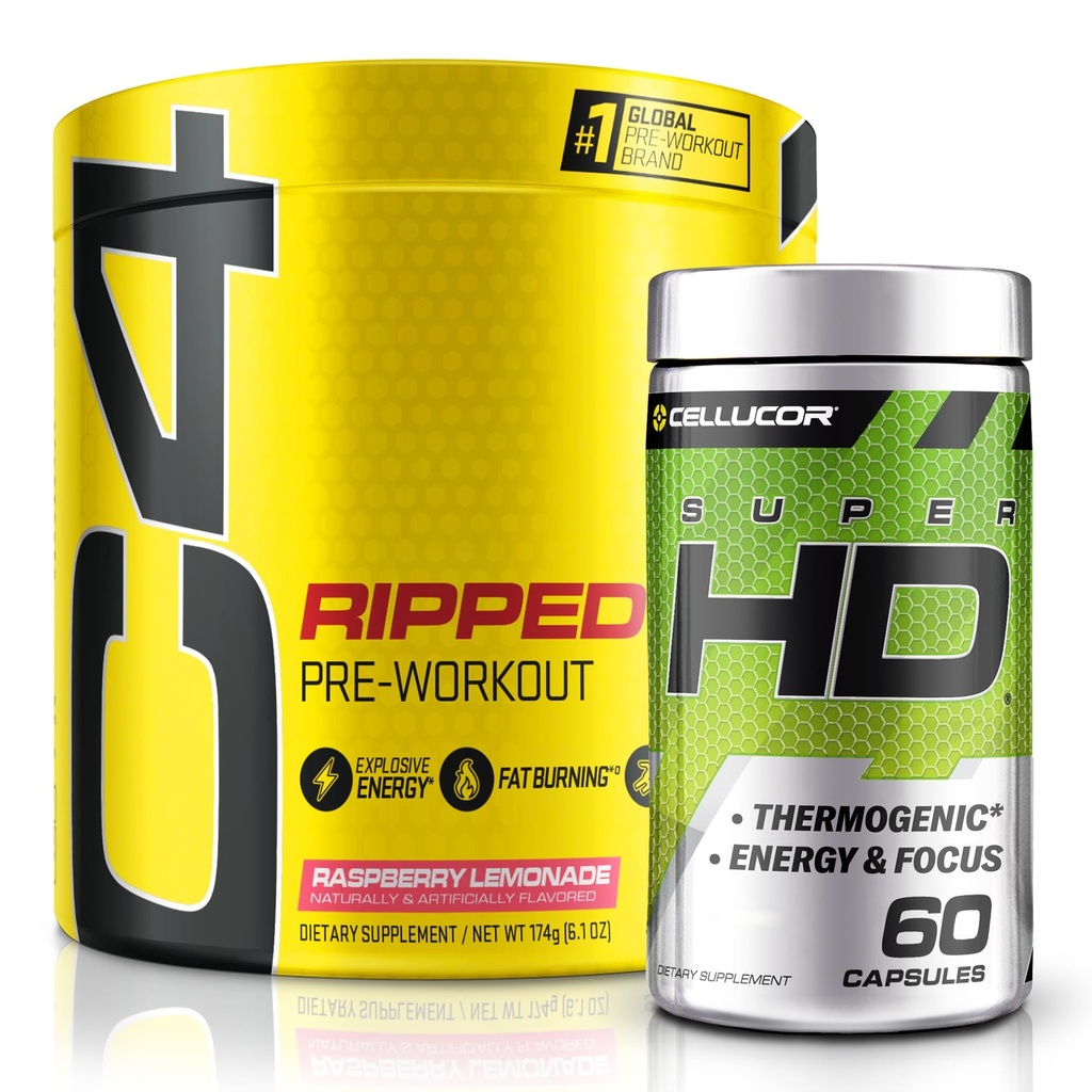 C4 Ripped & SuperHD, Thermogenic 번들, C4 Ripped Pre 운동 분말, Raspberry Lemonade 30 서빙 + SuperHD Capsimax 및 녹차 추출물, 60 서빙