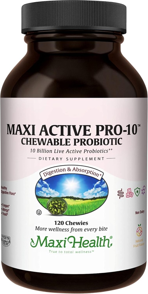 Maxi Health Active Pro-10 Kids Probiotic Chewables – Digestive & Immune Health 용 15 Strains – 10 억 probiotic Blend- Dairy-Free, Kosher – Gut Health 지원, 채식 – 60 ct (Shelf Stable)