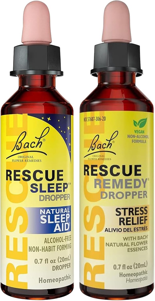 RESCUE 스트레스 완화 및 수면 지원 번들, 비 알콜 공식, Bach Remedy Dropper 20mL 2-Pack Sleep Dropper 20mL, Homeopathic Flower Esssences