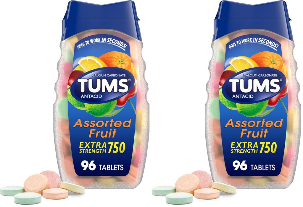 TUMS Extra Strength Antacid Tablets for Chewable Heartburn Relief and Acid Indigestion Relief, 구색 과일 맛 - 96 개 (팩 2)