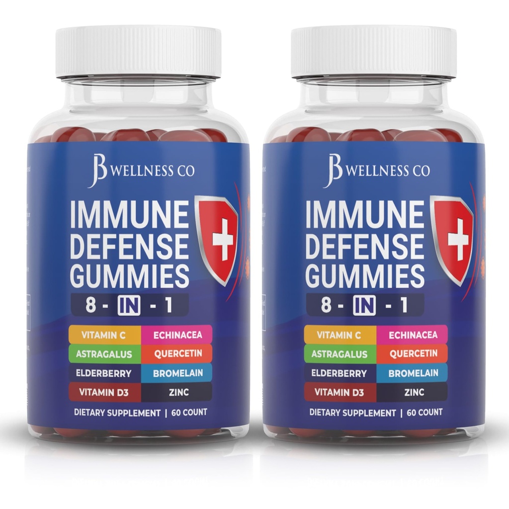 8 in 1 Immune Defense Booster Supplement Gummies with Astragalus Root, 비타민 C 및 아연, 비타민 D3, Elderberry 및 Quercetin (2 팩)
