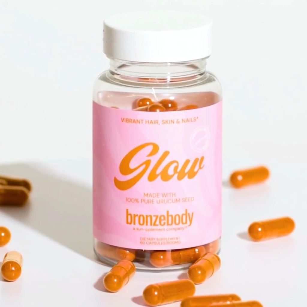 Bronzebody® GLOW 캡슐은 탄닌 비건 비타민 A Tocotrienols 산화제 Melanin 교원질 Urucum (ROUCOU, Annatto, Bixin, Urucu) 초본 보충 Detox 첨가물 무료 (60ct) 가속했습니다