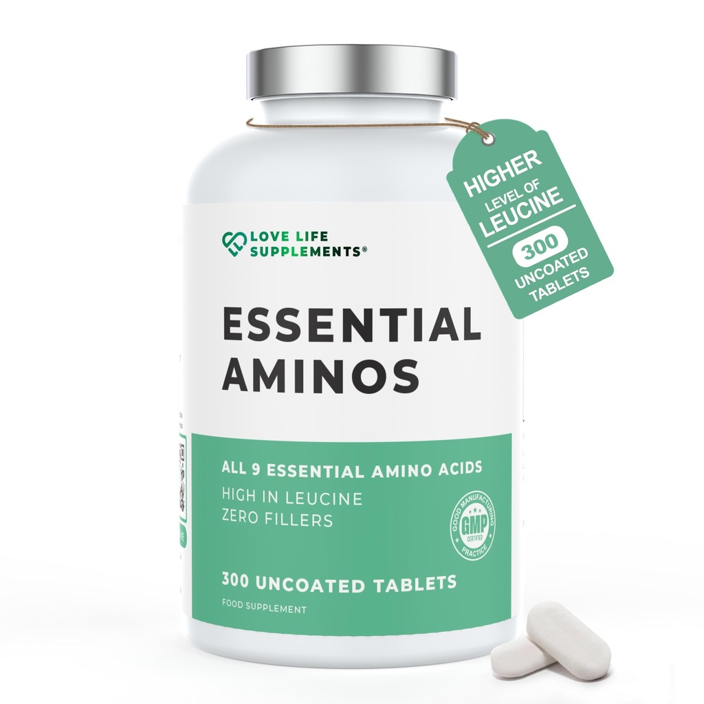 Essential Amino Acids - 300 쉽게 제비 정제 / 60 서빙 - 모든 3 BCAA 플러스 6 더 EAAs와 함께 모든 9 EAA 아미노 산을 구축하고 수리 근육, 5-10g, 서빙 당 높은, 루신과 비건