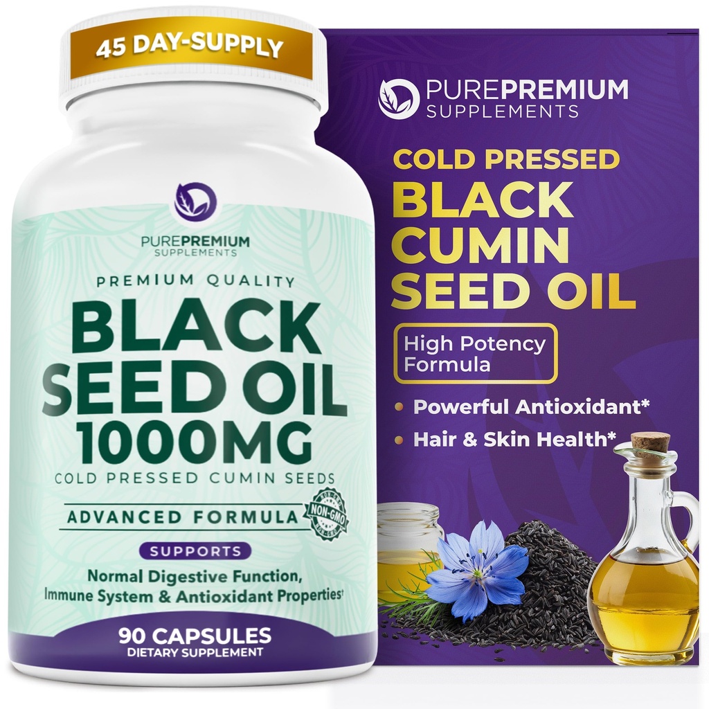 PurePremium Black Seed Oil 500mg - 유기 Nigella Sativa Seeds, Cold Pressed Black Cumin Oil Extract - 남성 / 여성용 헤어 / 90 캡슐 팩