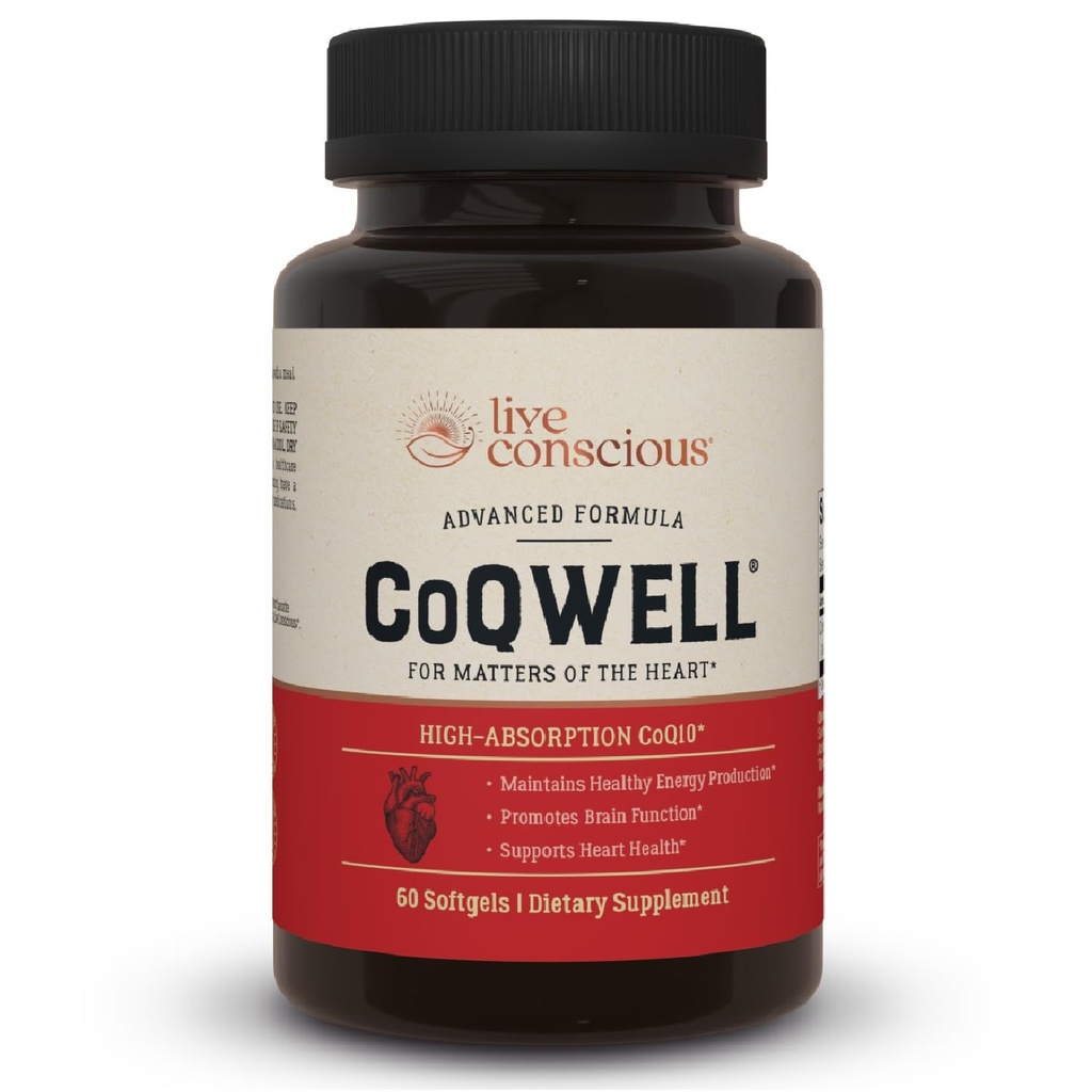 살아있는 의식적인 CoQWell - CoQ10 심장, 뇌 및 관 건강 지원, Coenzyme Q10 Ubiquinone - 60 Softgels - 60 일 공급