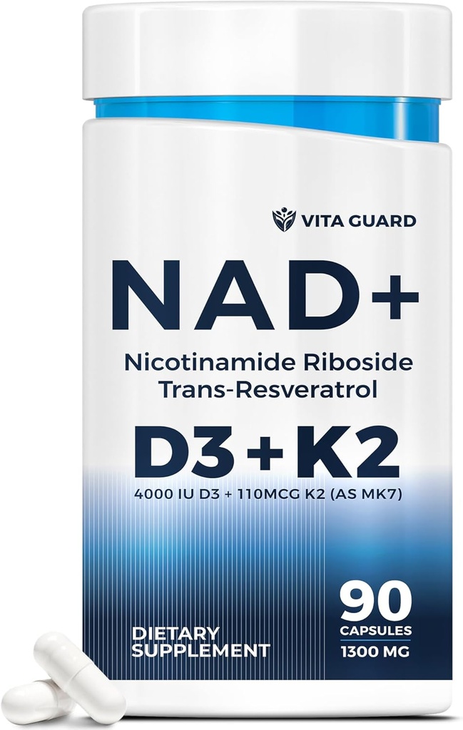 노화 방지 에너지 NAD 보충 – Nicotinamide Riboside 1000mg, Trans-Resveratrol 300mg, 비타민 D3 4000 IU 및 K2 110 mcg MK7와 NMN 대안 – 채식 60 캡슐, 1300mg