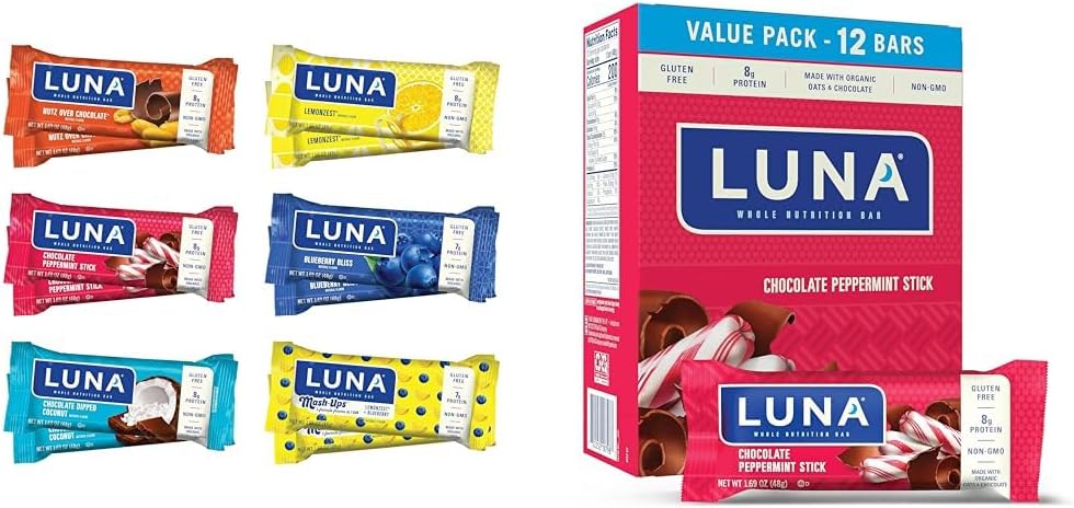 LUNA Bar 다양한 팩 (12 개) + 초콜릿 페퍼 민트 스틱 (12 팩) - 글루텐 프리 스낵 바