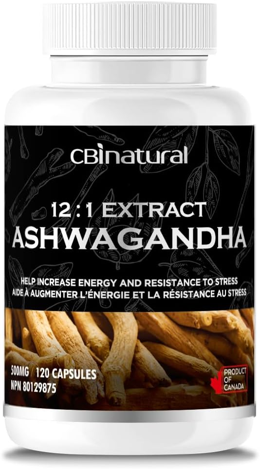 CBInatural Ashwagandha 12 : 1 추출물 500mg (6000 mg Equivalent) - 에너지, 활력 및 남성의 웰빙 지원 - 120 Vegan 캡슐, 4 월 공급