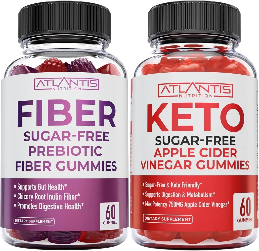 Atlantis Nutrition Sugar 무료 프리 바이오 틱 섬유 Gummies 성인 2-Pack (120 Gummies) + Sugar Free Keto Apple Cider Vinegar 60 Gummies