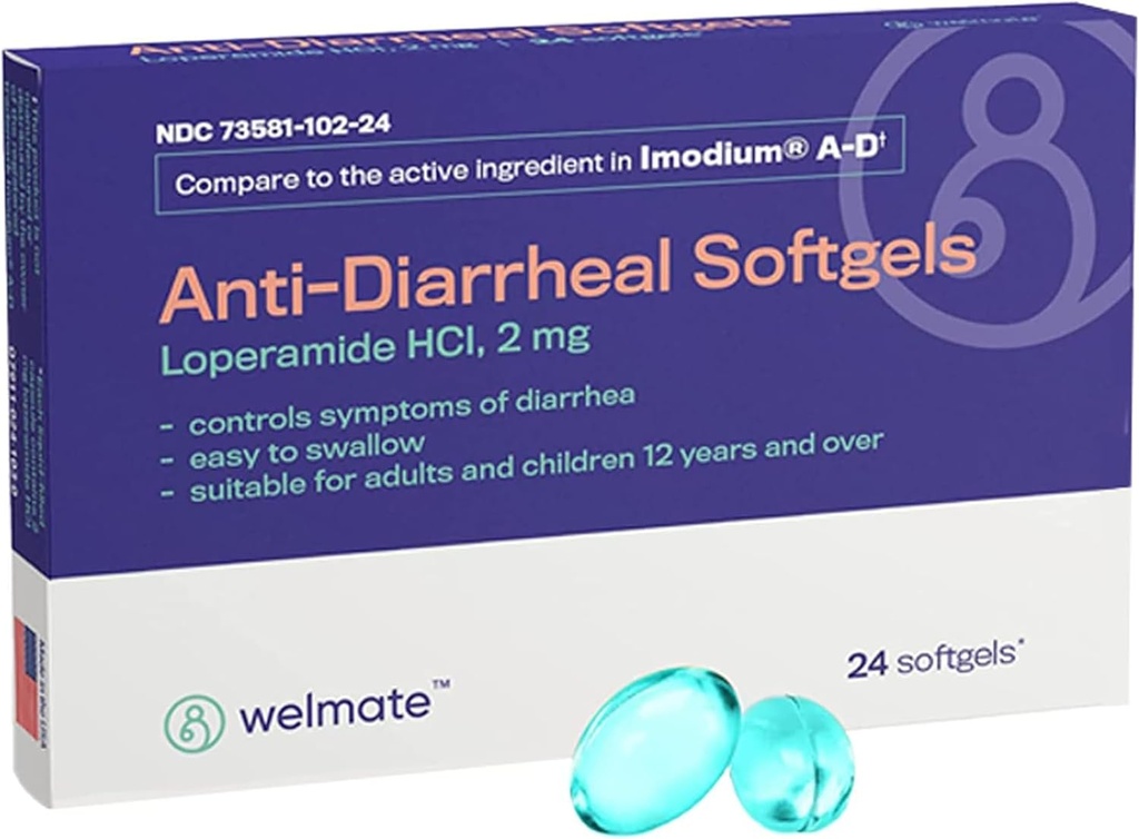 WELMATE - 항 Diarrheal Softgels (24 Softgels) - Loperamide HCL 2 mg - Diarrhea Symptom Relief - Upset Stomach Reliever - 항 Diarrhea 알약 - 상부 약물 약물