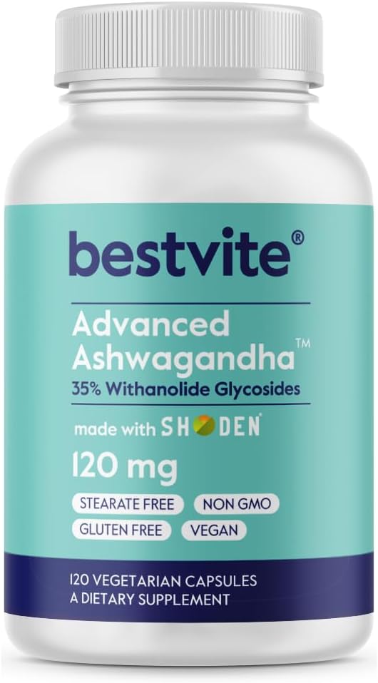 BestVITE Advanced Ashwagandha 120mg w/Shoden (120 채식 캡슐) - 35 % Withanolide Glycosides를 선도하는 산업을 포함하는 임상적으로 장식 - Stearates 없음 - Vegan - Non GMO - 글루텐 무료