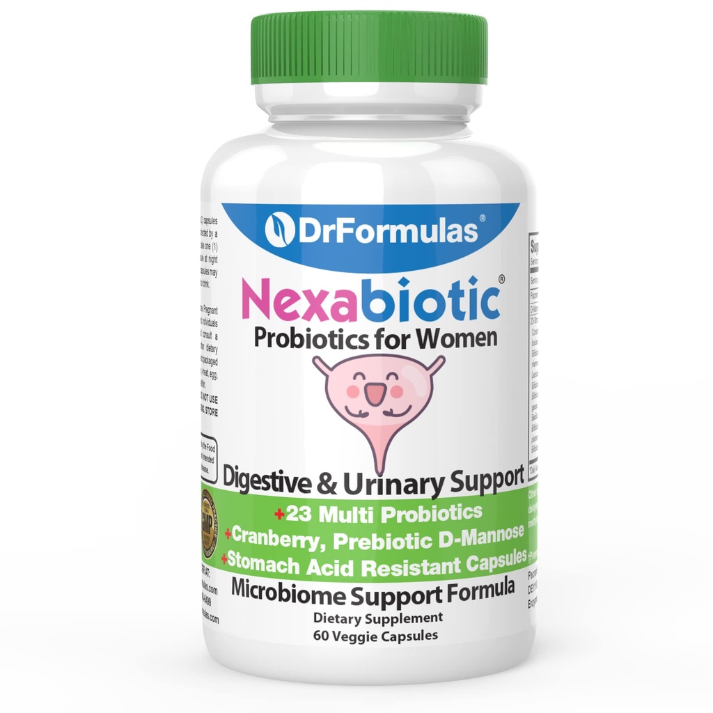 DrFormulas Cranberry Probiotics for Women Vaginal Health & Urinary Tract with Fiber Prebiotic & D Mannose | Nexabiotic Feminine 건강, 효모를 위한 Lactobacillus Acidophilus와 질투, 60 캡슐