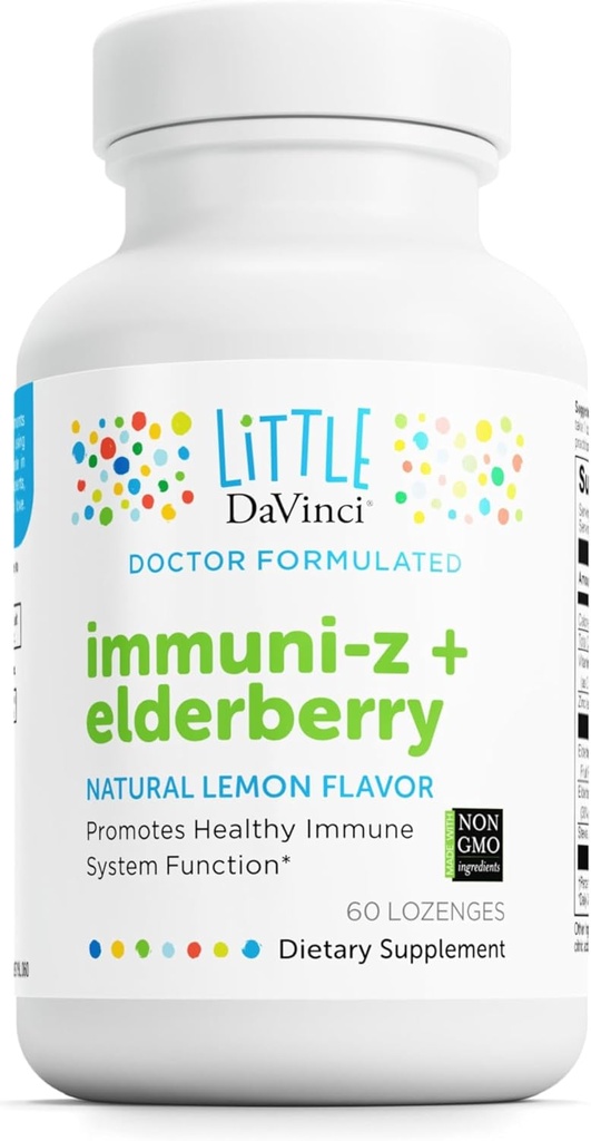 DAVINCI Little Immuni-z + Elderberry - 아이 아연 Lozenge를 지원 면역 건강, 건강한 Lungs 및 Throat Tissue* - 비타민 D3, 아연, Elderberry 및 더 많은 - 레몬 맛 - 60 Lozenges